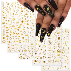 TailaiMei 12 Sheets Gold Moon Star Nail Stickers, 3D Metallic Laser Self-Adhesive Nail Art Decals for Women Manicure DIY or Nail Salon(1000Pcs)
