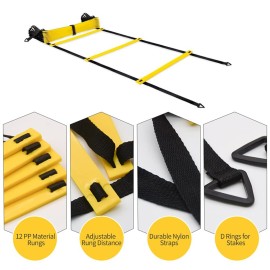 2 Pack 12 Rungs Agility Ladder Set, Speed Training Ladder with Steel Stakes and Carry Bag for Soccer, Speed Fitness Feet Training (2 Pack, 12 Rungs)