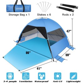 Large Easy Setup Beach Tent,Anti-UV Beach Shade Beach Canopy Tent Sun Shade with Extended Floor & 3 Mesh Roll Up Windows Fits 3-4 Person,Portable Shade Tent for Outdoor Camping Fishing (Blue)