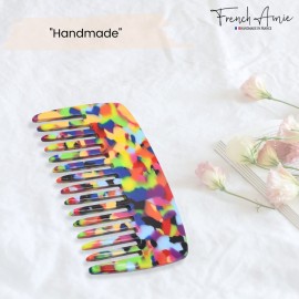 French Amie Wide Teeth Pocket Comb for Thick Hair Celluloid Handmade No Static Grooming Styling Detangling Hair Comb for Women and Girls (Multi Color)