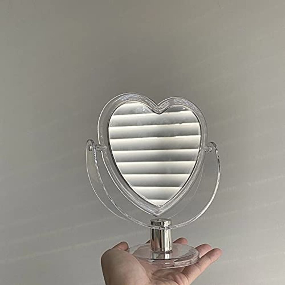 1Pc Acrylic Double Side Makeup Mirror Cute Heart Shaped Cosmetic Mirror, Transparent Base Home Bedroom Desktop Make Up Mirror (White)