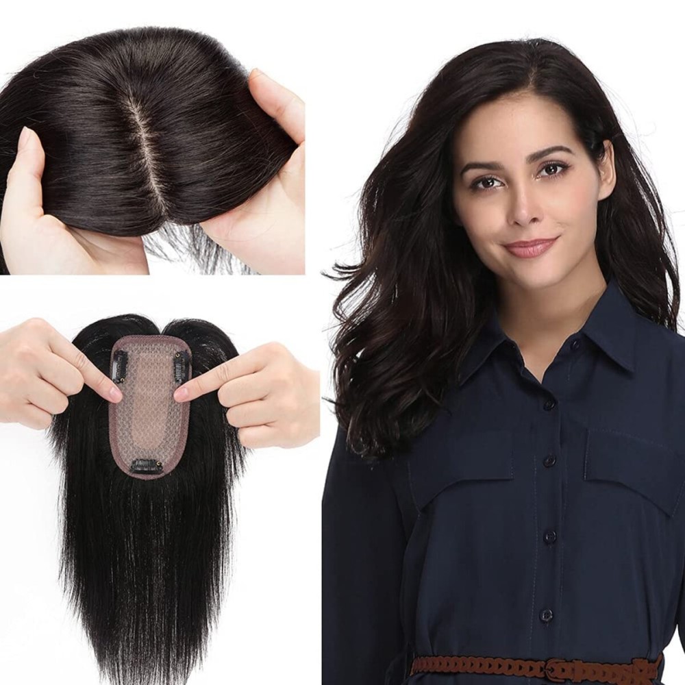 MY-LADY 150% Density Human Hair Toppers With Bangs For Women 12 Inch Natural Black Silk Base Clip in Toppers Top Hair Pieces for Thinning Hair Hair Loss