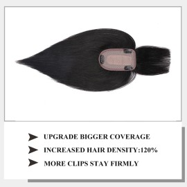 MY-LADY 150% Density Human Hair Toppers With Bangs For Women 12 Inch Natural Black Silk Base Clip in Toppers Top Hair Pieces for Thinning Hair Hair Loss