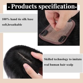 MY-LADY 150% Density Human Hair Toppers With Bangs For Women 12 Inch Natural Black Silk Base Clip in Toppers Top Hair Pieces for Thinning Hair Hair Loss