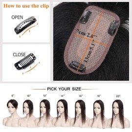 MY-LADY 150% Density Human Hair Toppers With Bangs For Women 12 Inch Natural Black Silk Base Clip in Toppers Top Hair Pieces for Thinning Hair Hair Loss