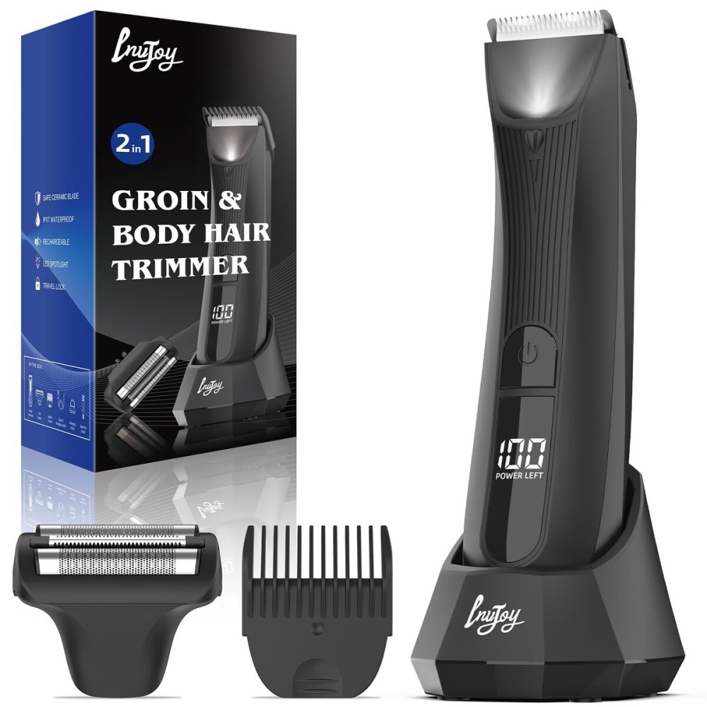 INVJOY Manscape Body Trimmer for Men, Waterproof Electric Razor/Shavers with Dual-Head for Facial, Pubic & Groin Hair Grooming, Ceramic & Foil Blades Hair Trimmer with LED - Birthday Gift for Him Dad