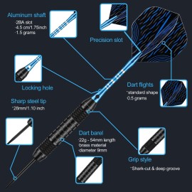 DARTSPACE 12 Pack Darts Metal Tip Set 24 Grams, Steel Tip Darts with Premium Black Blue Aluminum Shafts, Extra 50 Rubber O-Rings 6 Nylon Shafts 12 Spring Rings 16 Flights Protector 1 Tool Kit
