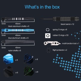 DARTSPACE 12 Pack Darts Metal Tip Set 24 Grams, Steel Tip Darts with Premium Black Blue Aluminum Shafts, Extra 50 Rubber O-Rings 6 Nylon Shafts 12 Spring Rings 16 Flights Protector 1 Tool Kit