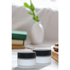 BPFY 24 Pack 1 oz Round Clear Glass Cosmetic Jars with Inner Liners and Black Lids, Travel Glass Jars, Cosmetic Containers for Lip Balms, Powders, Makeup, Cream, Eyeshadow, Slime, Paint