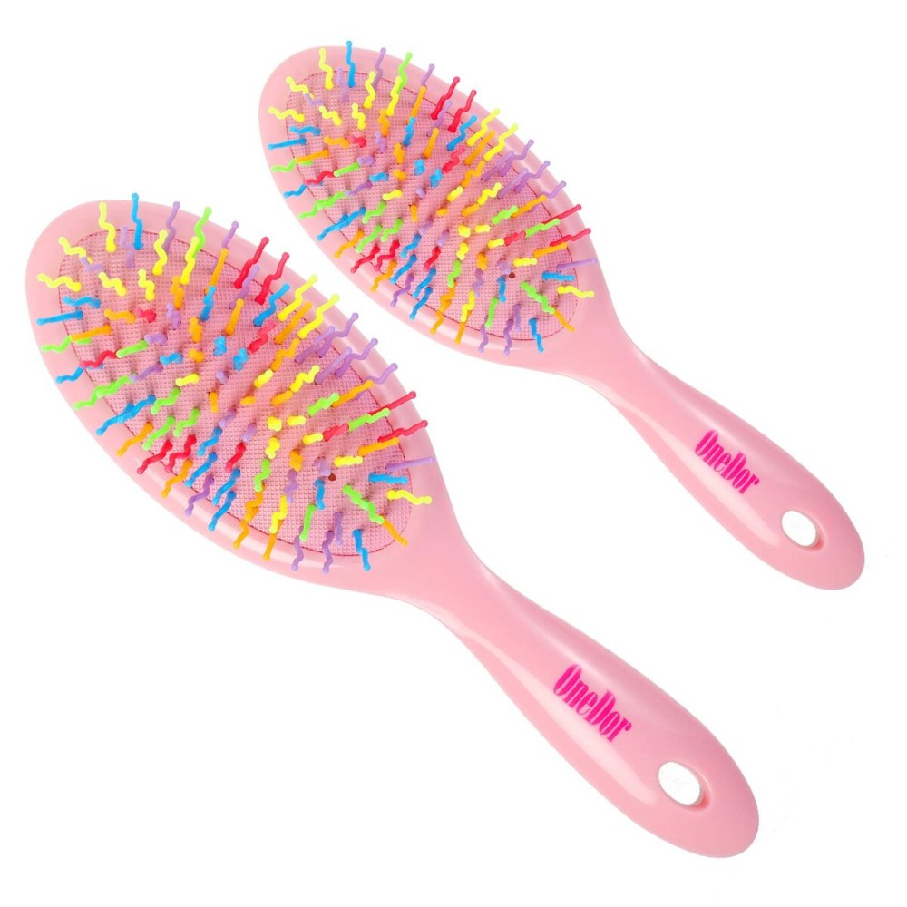 OneDor Rainbow S-Curve Ball tipped Air Volume Paddle Hair Brush with Flexible Cushion Base for Hair | Detangling Comb (2 Set - Pink)