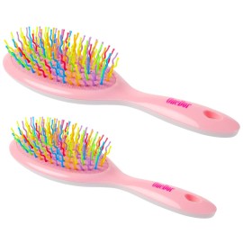 OneDor Rainbow S-Curve Ball tipped Air Volume Paddle Hair Brush with Flexible Cushion Base for Hair | Detangling Comb (2 Set - Pink)