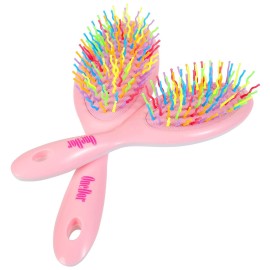 OneDor Rainbow S-Curve Ball tipped Air Volume Paddle Hair Brush with Flexible Cushion Base for Hair | Detangling Comb (2 Set - Pink)