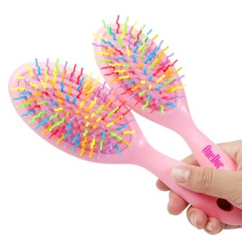 OneDor Rainbow S-Curve Ball tipped Air Volume Paddle Hair Brush with Flexible Cushion Base for Hair | Detangling Comb (2 Set - Pink)