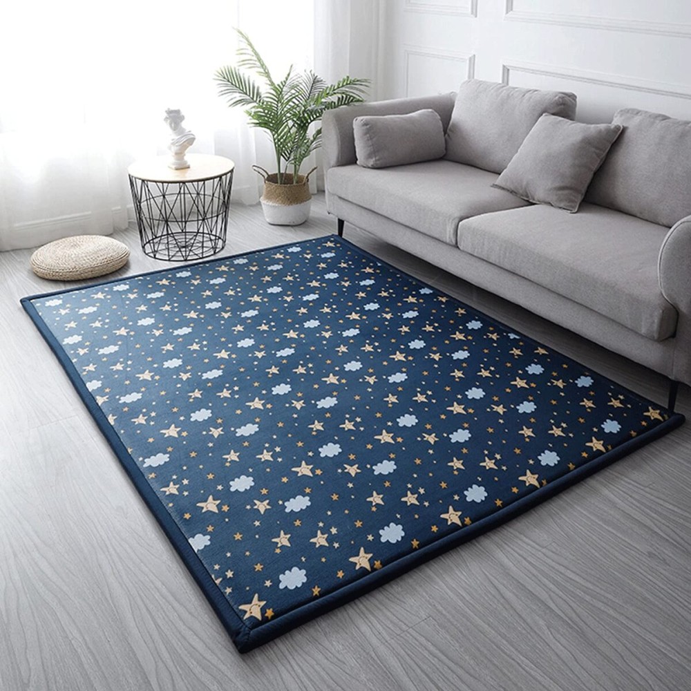 Loartee Coral Velvet Area Rug - 1 Thick Memory Foam Baby Play Mat, Washable Toddler Carpet, Home Decor for Living Room, Nursery, Kids Bedroom, Starry Blue, 4\'11x4\'11