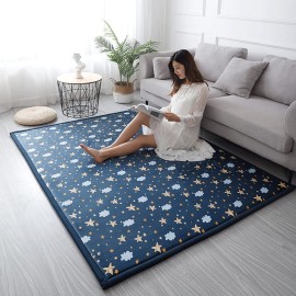 Loartee Coral Velvet Area Rug - 1 Thick Memory Foam Baby Play Mat, Washable Toddler Carpet, Home Decor for Living Room, Nursery, Kids Bedroom, Starry Blue, 4\'11x4\'11