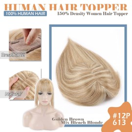 Hairro Clip In Remy Topper Hairpiece With Bangs Human Hair Clip On Toupee Wispy Bangs For Women Middle Part With Hair Loss Thinning Hair Grey Hair 10 Inch 33g 12P613 Golden Brown Mix Bleach Blonde Hairro Clip In Remy Topper Hairpiece With Bangs Human Hair Clip On Toupee Wispy Bangs For Women Middle Part With Hair Loss Thinning Hair Grey Hair 10 Inch 33g 12P613 Golden Brown Mix Bleach Blonde