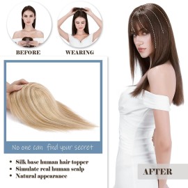 Hairro Clip In Remy Topper Hairpiece With Bangs Human Hair Clip On Toupee Wispy Bangs For Women Middle Part With Hair Loss Thinning Hair Grey Hair 10 Inch 33g 12P613 Golden Brown Mix Bleach Blonde Hairro Clip In Remy Topper Hairpiece With Bangs Human Hair Clip On Toupee Wispy Bangs For Women Middle Part With Hair Loss Thinning Hair Grey Hair 10 Inch 33g 12P613 Golden Brown Mix Bleach Blonde