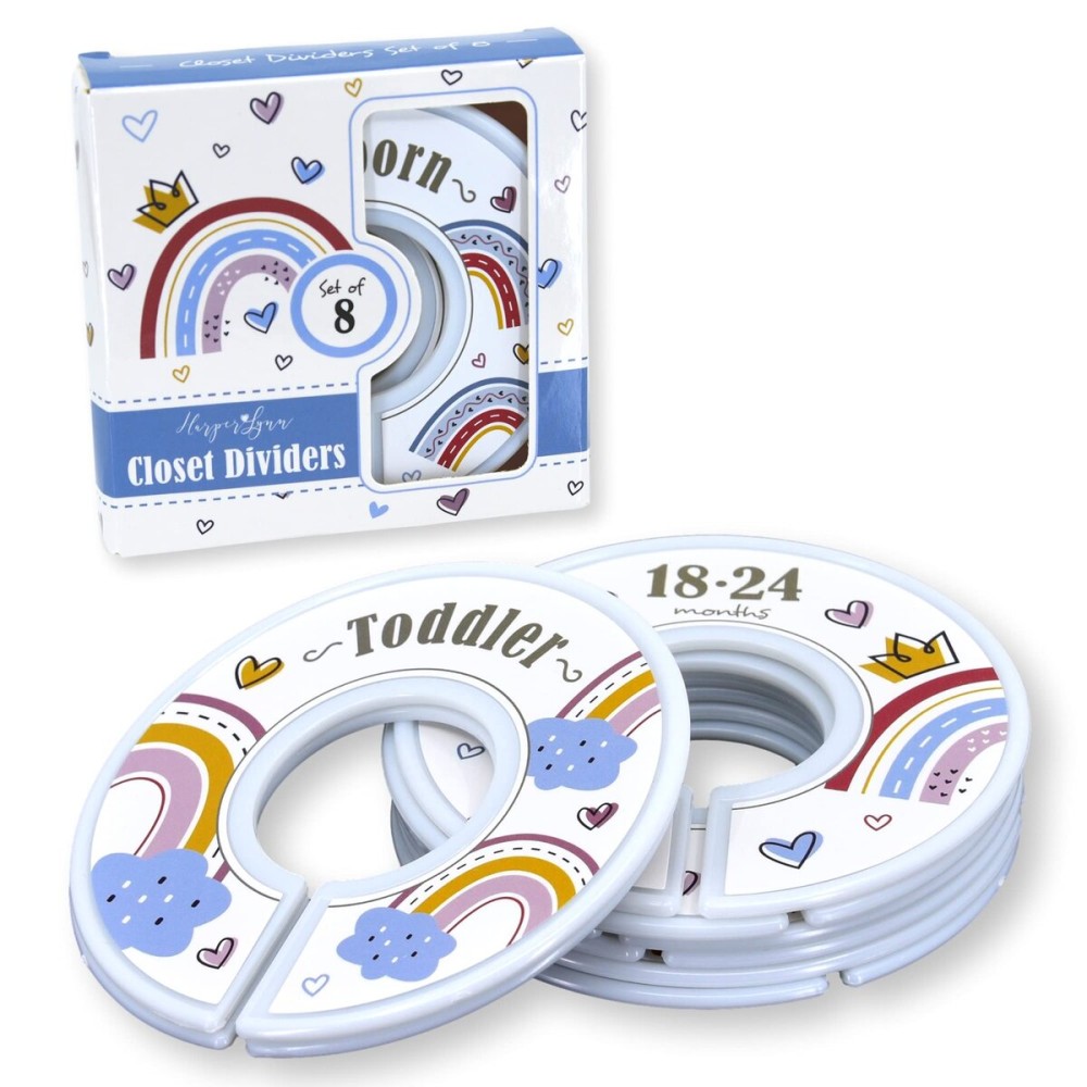 HarperLynn Boho Rainbow Closet Dividers - Set of 8 Baby Nursery Clothes Organizers - Vintage Style Clouds and Hearts