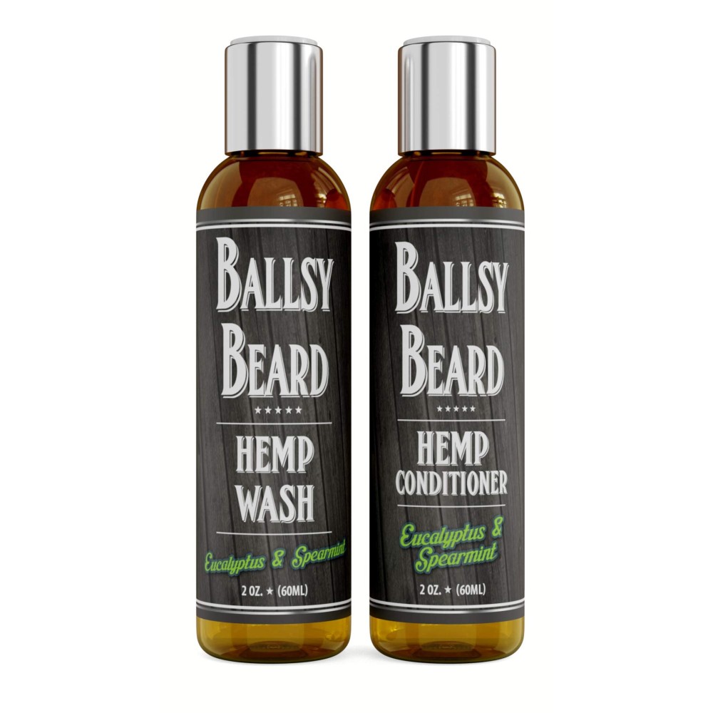 Ballsy Beard Wash Shampoo & Conditioner Set for Men 2 Piece Travel Size Hair Shampoo (Eucalyptus Spearmint, 2 oz)