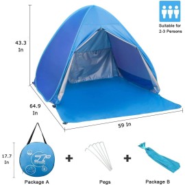 Pop Up Beach Tent Shade Sun Shelter UPF 50+ Canopy Cabana 2-3 Person for Adults Baby Kids Outdoor Activities Camping Fishing Hiking Picnic Touring (Blue)