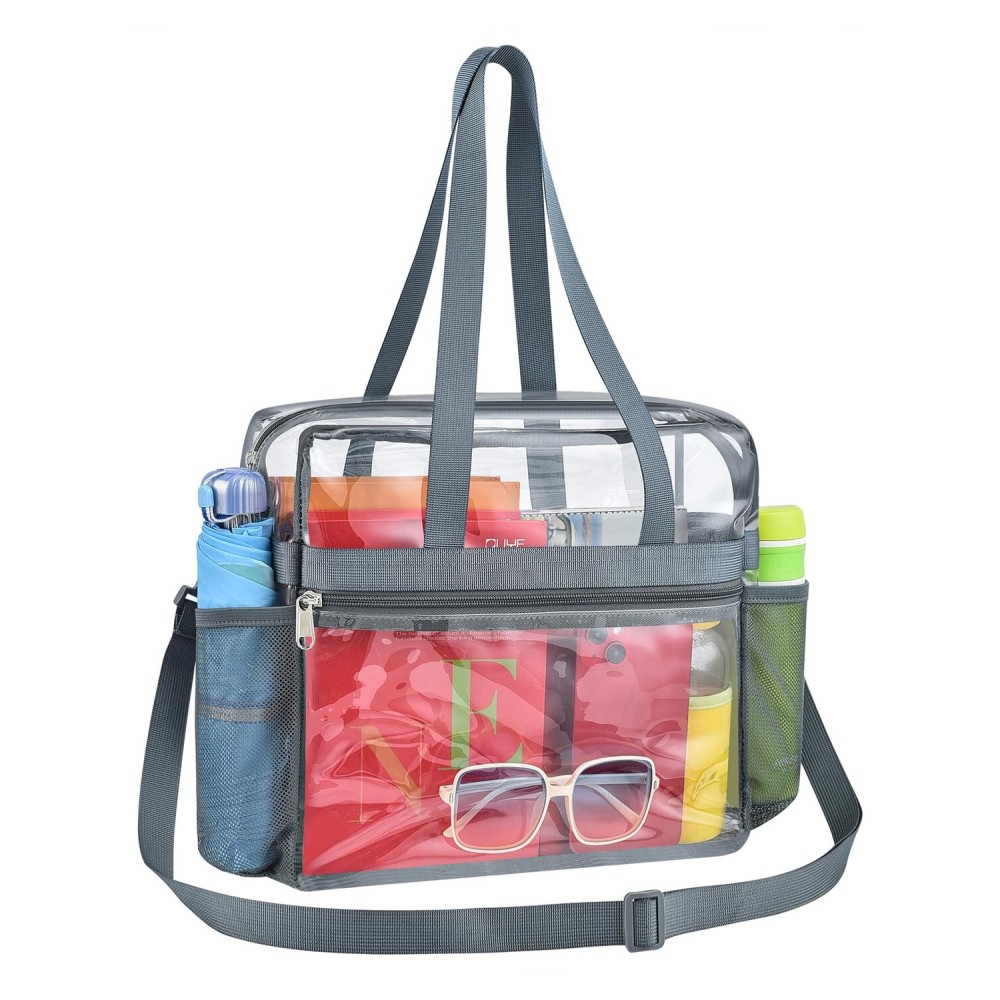 Paxiland Clear Bag for Stadium Events 12x6x12, Large Clear Tote Lunch Bag Stadium Approved with Reinforced Shoulder Straps for Concert Outfits and Festival, Transparent Handbag for Women - Grey