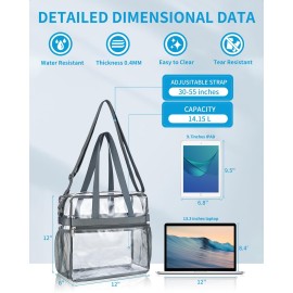 Paxiland Clear Bag for Stadium Events 12x6x12, Large Clear Tote Lunch Bag Stadium Approved with Reinforced Shoulder Straps for Concert Outfits and Festival, Transparent Handbag for Women - Grey