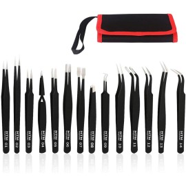 HengTianMei Precision Tweezers Set, ESD Anti-Static Stainless Steel Tweezers Set for Craft, Jewelry, Electronics, Laboratory Work (14 PCS)