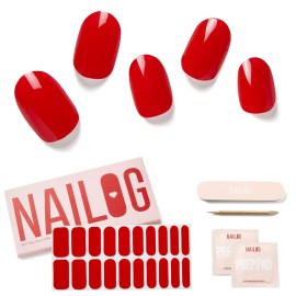 NAILOG Semi Cured Nail Strips, 20 Pcs Extra Long Full Nail Wraps with Glossy Soft Gel Finishing, Buy 2 Get 1 UV Lamp Rouge