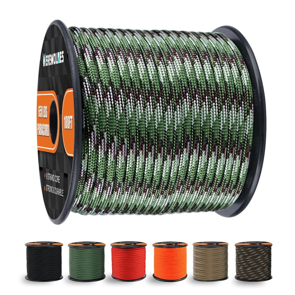 WEREWOLVES 650lb Paracord/Parachute Cord - 9 Strand Paracord Rope - 100\', 200\' Spools of Parachute Cord, Type III Paracord for Camping, Survival (Army Green Camo, 100 Feet)