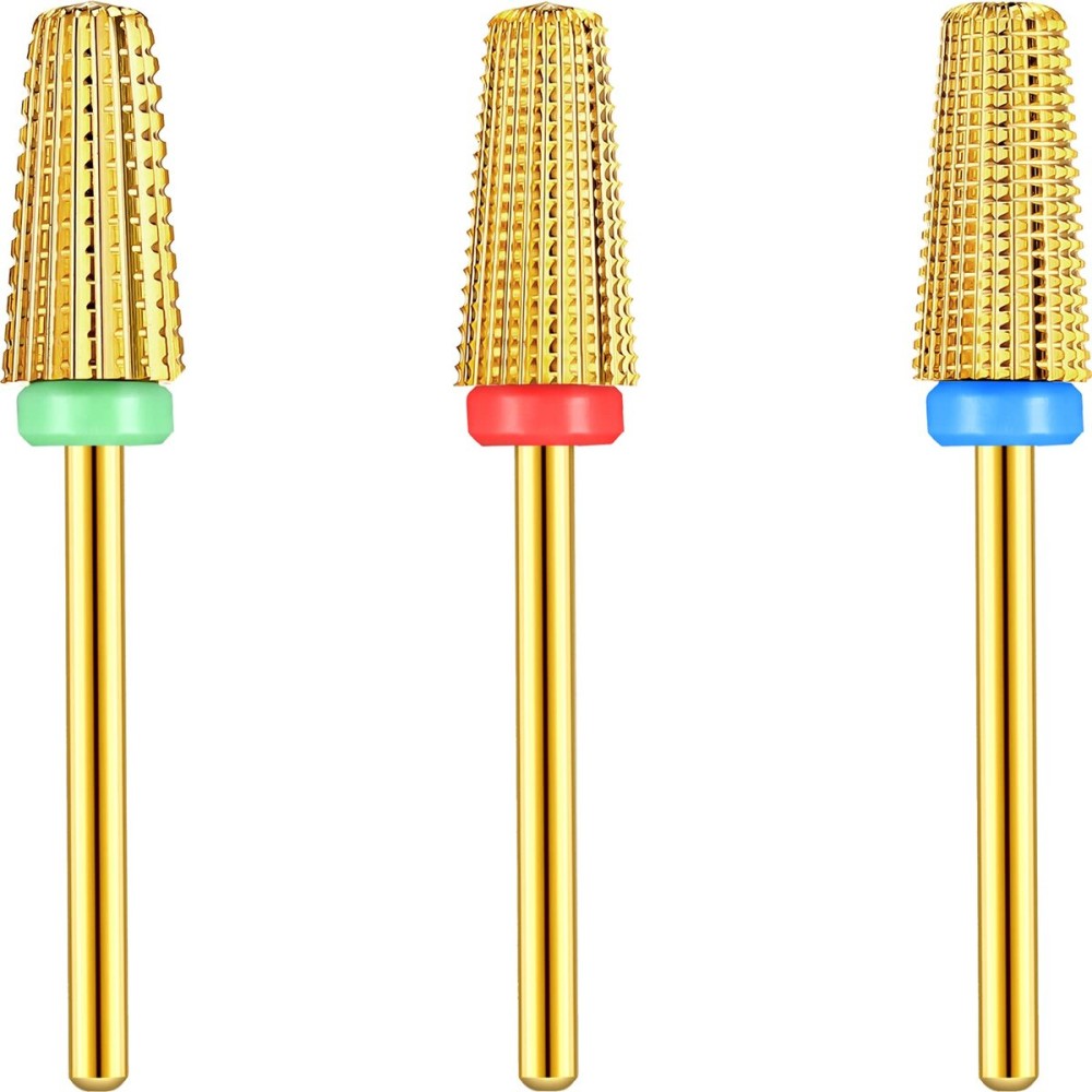 3 Pieces Nail Carbide 5 in 1 Bit, Nail Drill Bits Set-2 Way Rotate Use for both Left to Right Handed, 3/32 Inch Shank Size Drill Machine for Fast Remove Acrylic or Hard Gel (Gold)