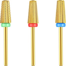 3 Pieces Nail Carbide 5 in 1 Bit, Nail Drill Bits Set-2 Way Rotate Use for both Left to Right Handed, 3/32 Inch Shank Size Drill Machine for Fast Remove Acrylic or Hard Gel (Gold)