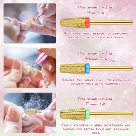3 Pieces Nail Carbide 5 in 1 Bit, Nail Drill Bits Set-2 Way Rotate Use for both Left to Right Handed, 3/32 Inch Shank Size Drill Machine for Fast Remove Acrylic or Hard Gel (Gold)