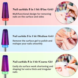 3 Pieces Nail Carbide 5 in 1 Bit, Nail Drill Bits Set-2 Way Rotate Use for both Left to Right Handed, 3/32 Inch Shank Size Drill Machine for Fast Remove Acrylic or Hard Gel (Purple) 3 Pieces Nail Carbide 5 in 1 Bit, Nail Drill Bits Set-2 Way Rotate Use for both Left to Right Handed, 3/32 Inch Shank Size Drill Machine for Fast Remove Acrylic or Hard Gel (Purple)