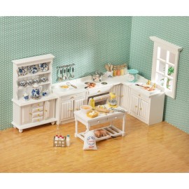 SAMCAMI Miniature Dollhouse Furniture Kitchen Set - Kitchen Cabinet Cupboards and Tea Set - 1 12 Scale Dollhouse Accessories