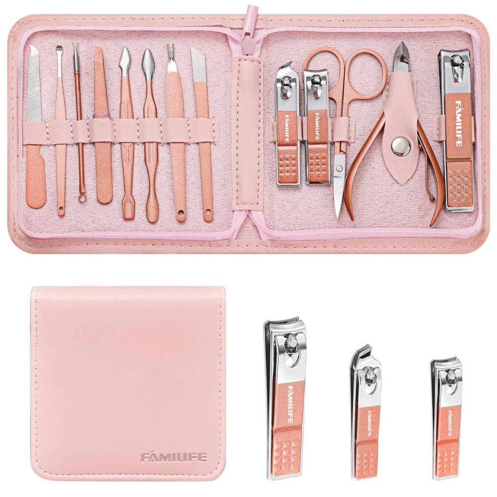 FAMILIFE Manicure Set, Professional Nail Kit Stainless Steel Nail Clipper Set, 13PCS Beauty Tools Manicure Kit Pedicure Tools, with Portable Pink Leather Travel Case for Her