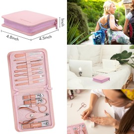 FAMILIFE Manicure Set, Professional Nail Kit Stainless Steel Nail Clipper Set, 13PCS Beauty Tools Manicure Kit Pedicure Tools, with Portable Pink Leather Travel Case for Her