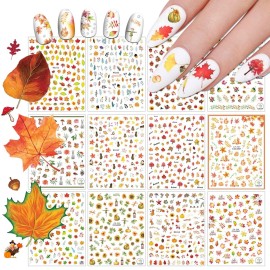 12 Sheets Fall Nail Art Sticker Decals, EBANKU Self Adhesive Maple Leaf Nail Stickers Autumn Thanksgiving Carton Animal Sticker for Women Girls Nail Decorations Nail Designs