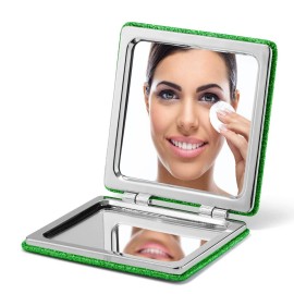 OMIRO Compact Mirror, Glitter PU 1X/3X Magnification, Ultra Portable for Purses (Green)