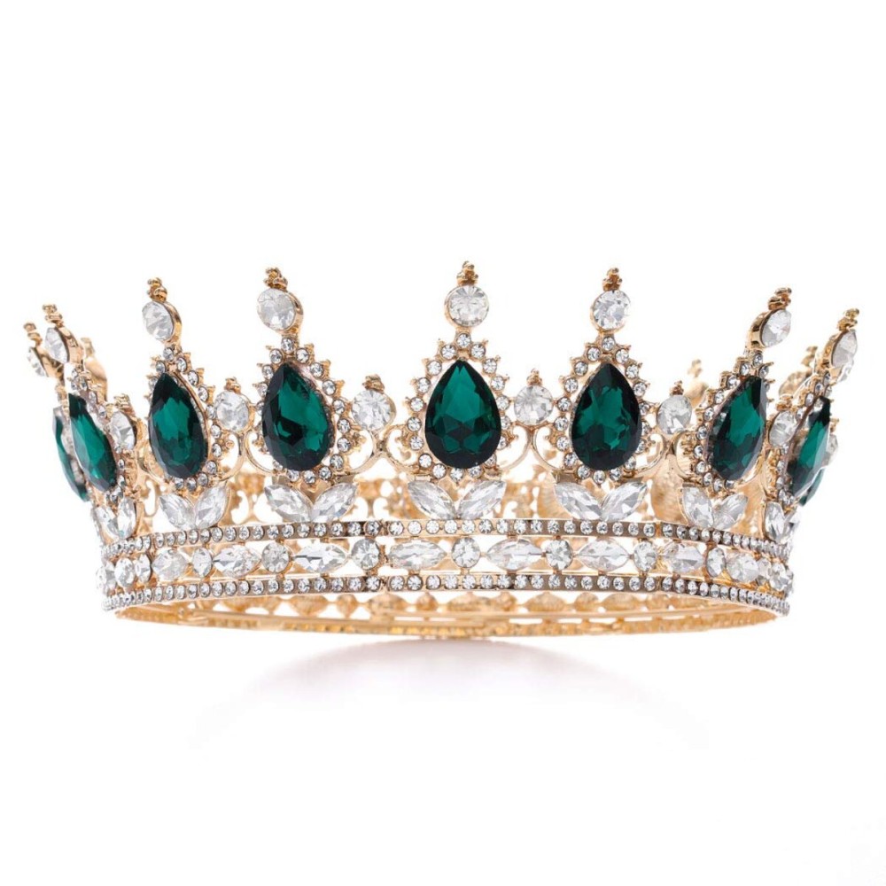 Foyte Baroque Queen Crown and Tiaras Sparkly Rhinestone Wedding Crown Bride Princess Full Headpieces for Women and Girls (Green)