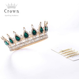 Foyte Baroque Queen Crown and Tiaras Sparkly Rhinestone Wedding Crown Bride Princess Full Headpieces for Women and Girls (Green)