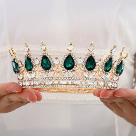 Foyte Baroque Queen Crown and Tiaras Sparkly Rhinestone Wedding Crown Bride Princess Full Headpieces for Women and Girls (Green)