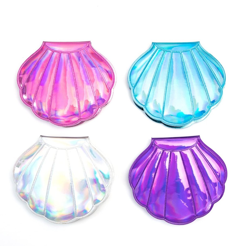 AUEAR, 4 Pack Glitter Shell Mirror Double-Sided Magnification Makeup Mini Portable Foldable Handheld Compact for Purse Handbag Pocket Women Colors
