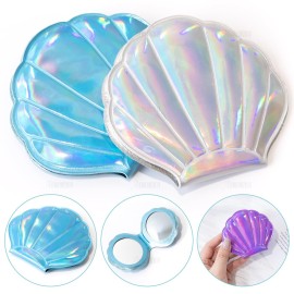 AUEAR, 4 Pack Glitter Shell Mirror Double-Sided Magnification Makeup Mini Portable Foldable Handheld Compact for Purse Handbag Pocket Women Colors