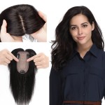 Clip in Topper for Women Upgraded 120% Density Remy Human Hair Silk Base Top Hairpieces with Bangs Replacement Crown Wiglet 27g Short Straight 6\'\'/6inch 1B Off Black