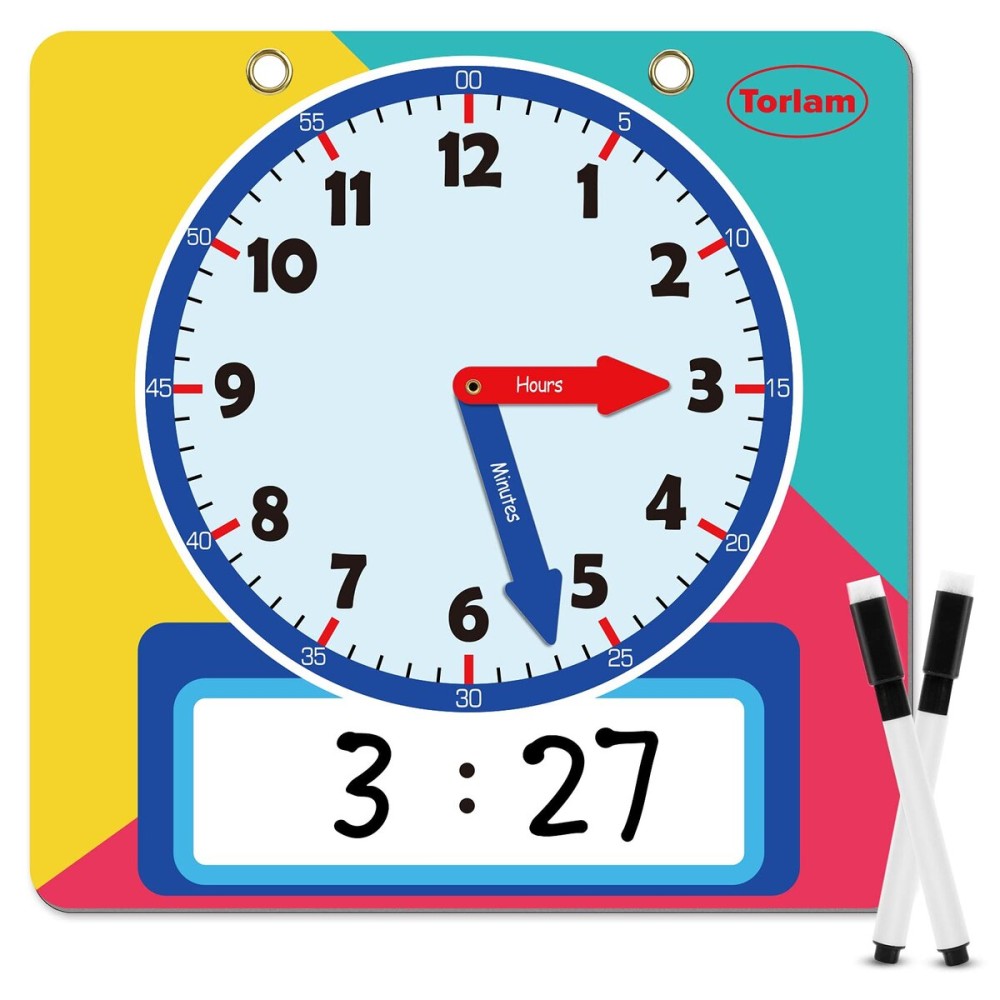 Magnetic Writable Dry Erase Learning Clock | Clock for Kids Learning to Tell Time | Large 12 Demonstration Teaching Time Practice Clock with Dry Erase Writing Surface | Pen Included | (Rainbow)