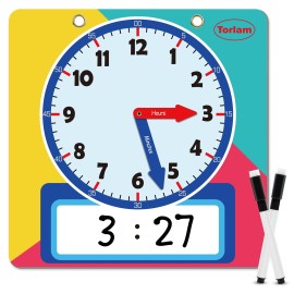 Magnetic Writable Dry Erase Learning Clock | Clock for Kids Learning to Tell Time | Large 12 Demonstration Teaching Time Practice Clock with Dry Erase Writing Surface | Pen Included | (Rainbow)