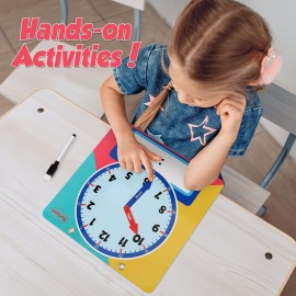 Magnetic Writable Dry Erase Learning Clock | Clock for Kids Learning to Tell Time | Large 12 Demonstration Teaching Time Practice Clock with Dry Erase Writing Surface | Pen Included | (Rainbow)