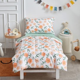 4 Pieces White Girls Toddler Bedding Set Orange Floral Style for Autumu and Winter.- Includes Adorable Quilted Flower Warm Comforter, Green Plaid Fitted Sheet, Top Sheet, and Pillow Case