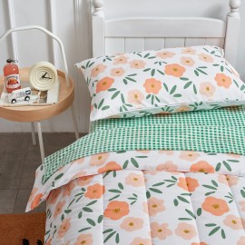 4 Pieces White Girls Toddler Bedding Set Orange Floral Style for Autumu and Winter.- Includes Adorable Quilted Flower Warm Comforter, Green Plaid Fitted Sheet, Top Sheet, and Pillow Case
