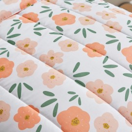 4 Pieces White Girls Toddler Bedding Set Orange Floral Style for Autumu and Winter.- Includes Adorable Quilted Flower Warm Comforter, Green Plaid Fitted Sheet, Top Sheet, and Pillow Case
